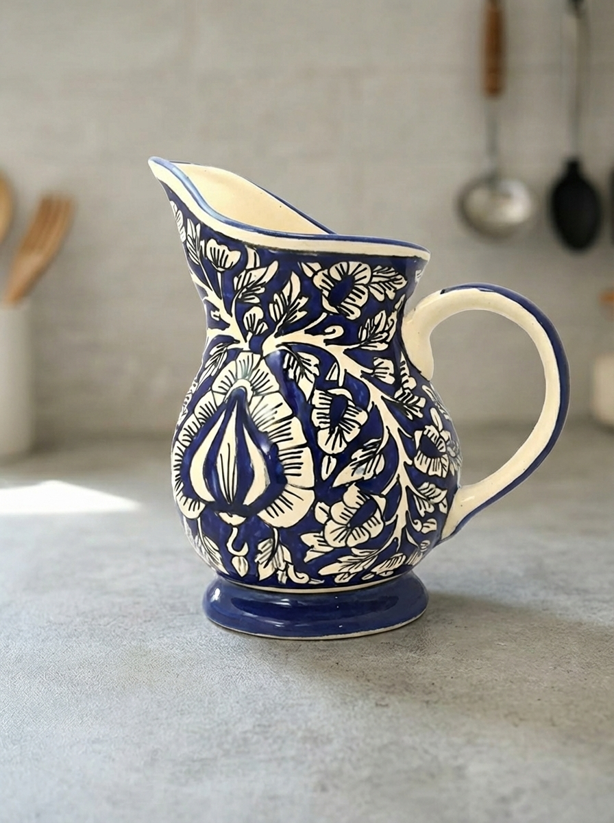 Caffeine Ceramic Handmade Stoneware Blue Mughal Water jug (Set of 1, 700 ml)
