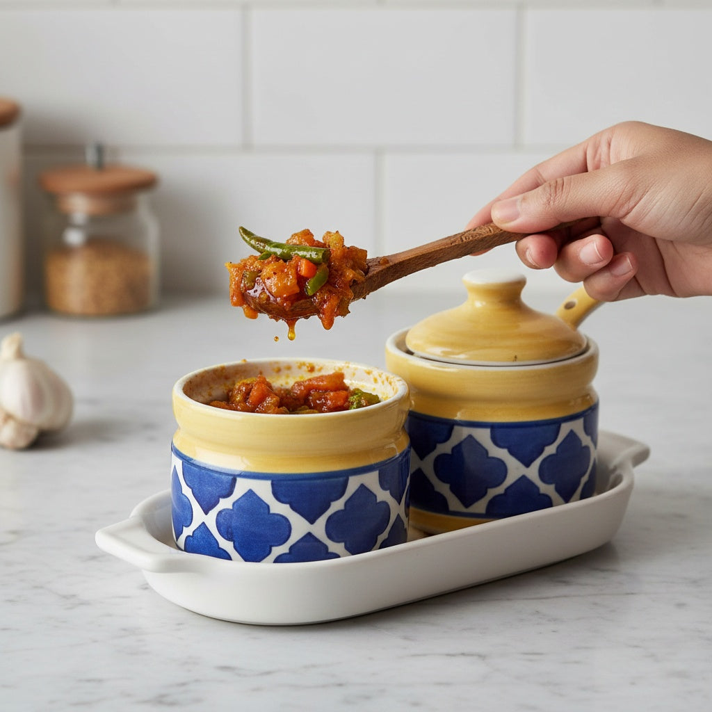 Caffeine Ceramic Handmade Blue & Yellow Umrao Pickle Jar Set (2 Jars, 2 Spoons &1 Tray) 200 ml each jar