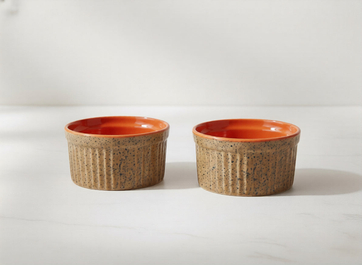 Caffeine Ceramic Handmade Brown and Glossy Orange Ramekins Bowls – (Set of 6, 150 ml)