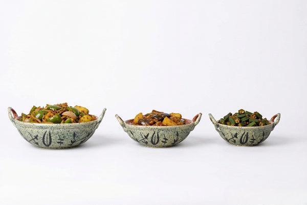 Caffeine Ceramic Handmade Stoneware Rust Bamboo kadhai (Set of 3 Microwave & Dishwasher Safe)