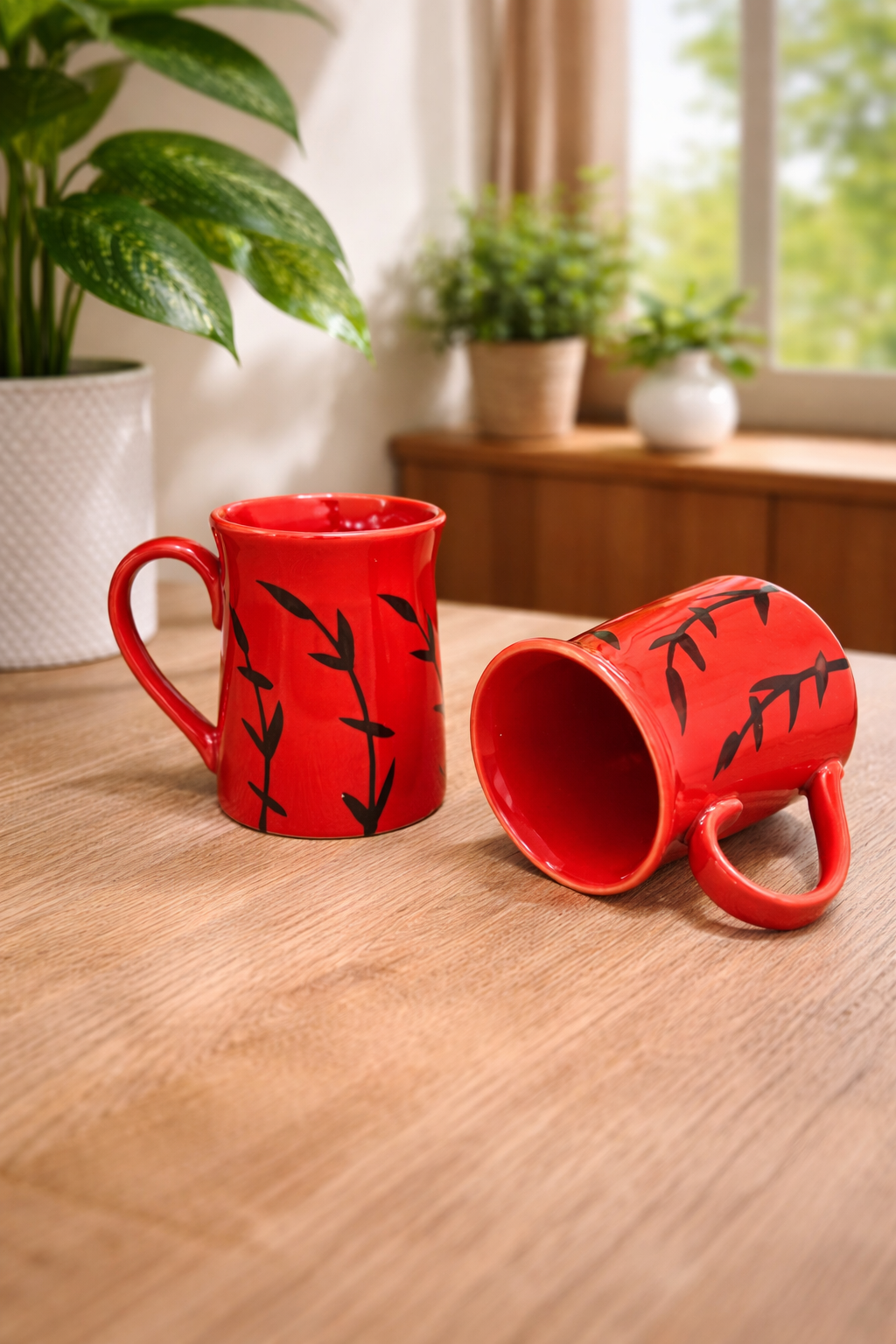 Caffeine Ceramic Handmade Red Bamboo Coffee Mug (Set of 2)