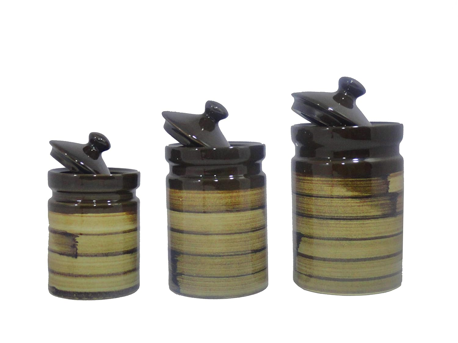 Caffeine Ceramic Stoneware Handmade Wood Brown Barni/Pickle Jar (Set of 3) - Caffeine Premium Stoneware