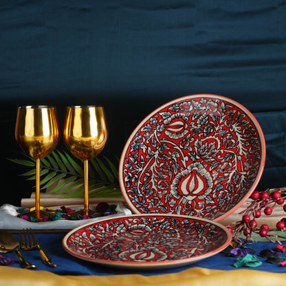 Caffeine Ceramic Handmade Stoneware Red Mughal Dinner Plates 10 inch Set of 6 (Microwave & Dishwasher Safe) - Caffeine Premium Stoneware