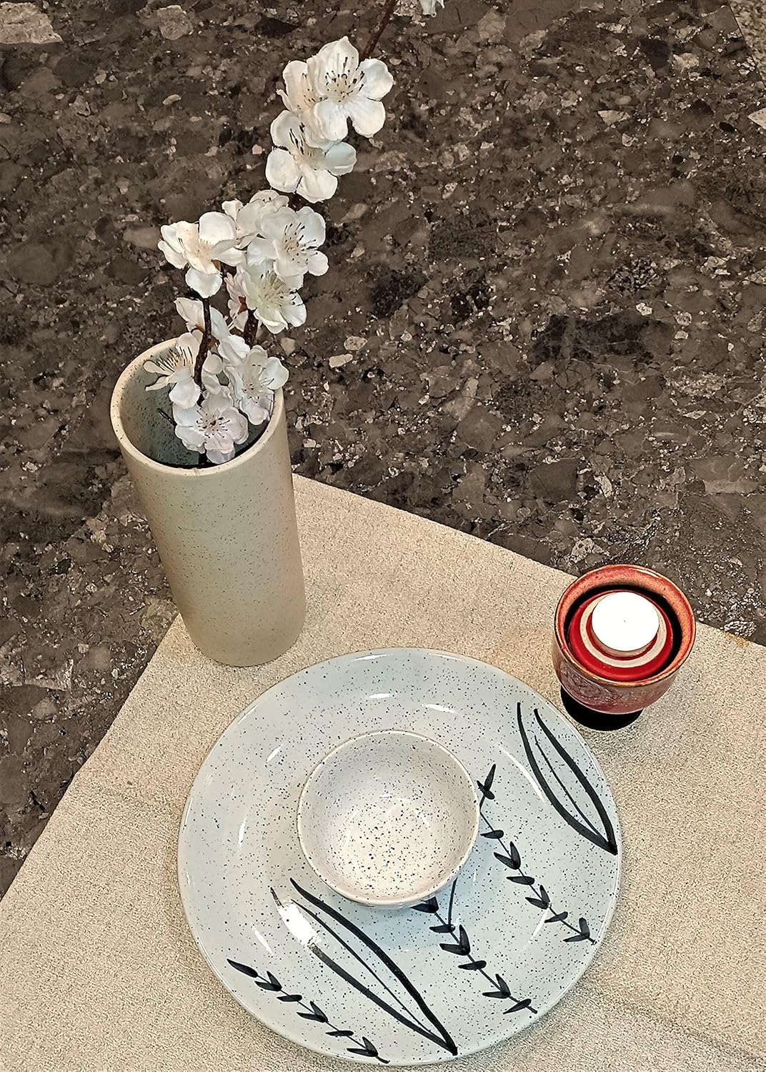 Caffeine Ceramic Handmade White Bamboo Dinner Set (Set of 2)