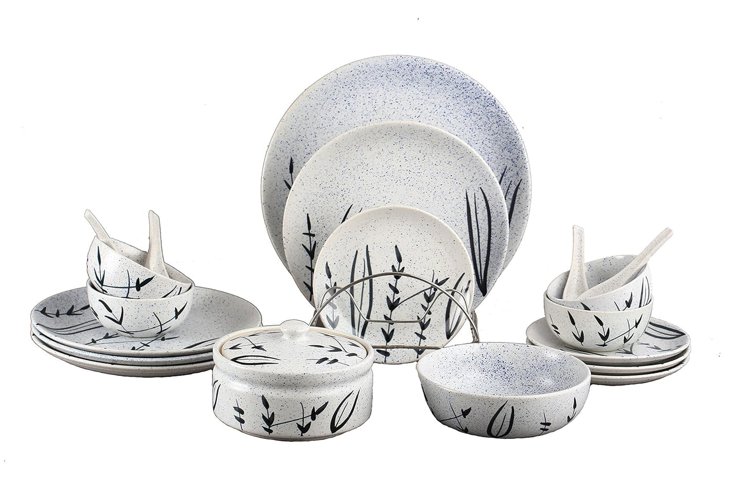 Caffeine Ceramic Handmade Royal White Bamboo Classic Dinner Set (19 pcs.)
