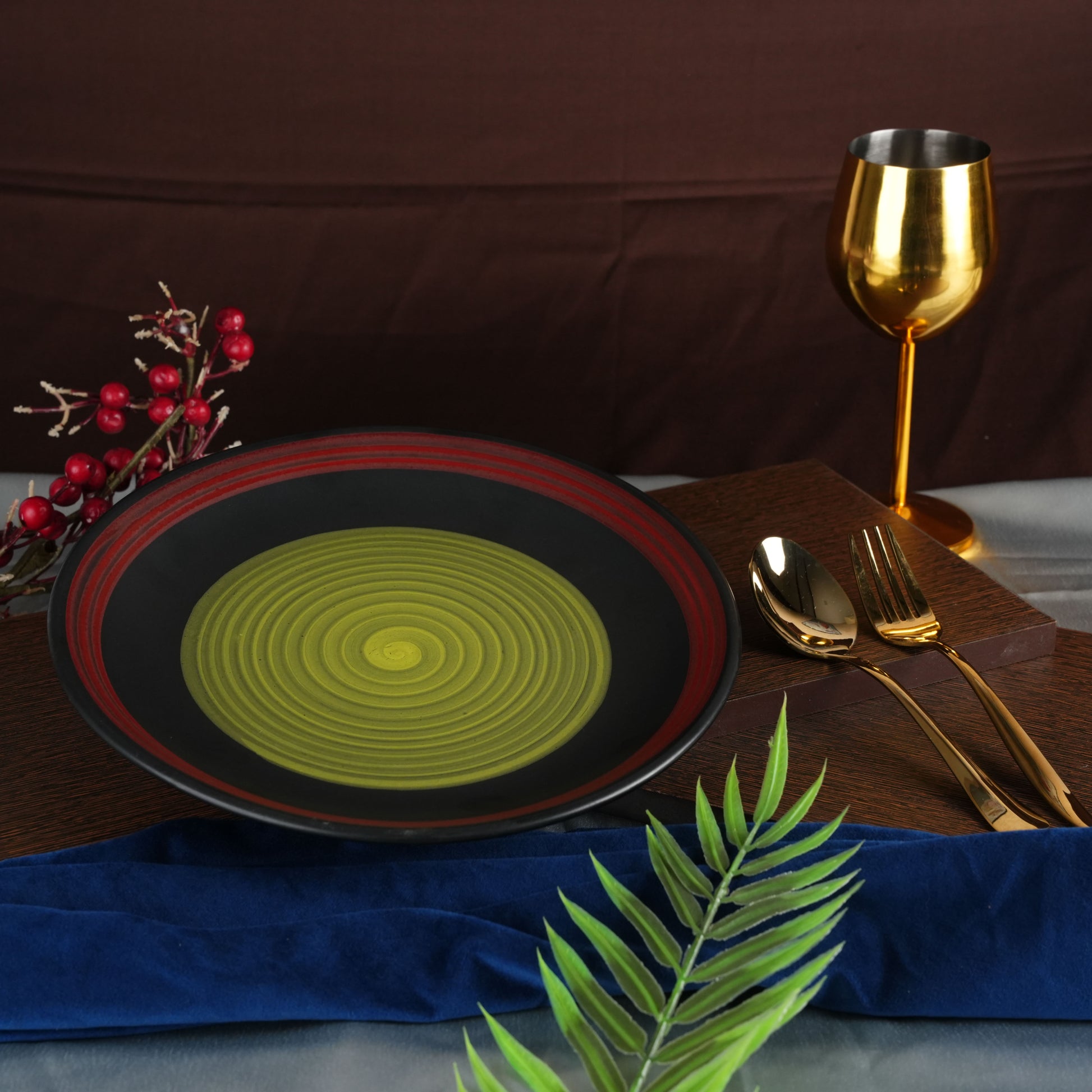 Caffeine Ceramic Handmade Stoneware Green Chandrakari Dinner Plates10 inch Set of 2 - Caffeine Premium Stoneware