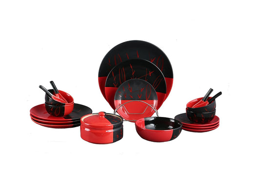 Caffeine Ceramic Handmade Half Red & Black Dinner Set (19 pcs )