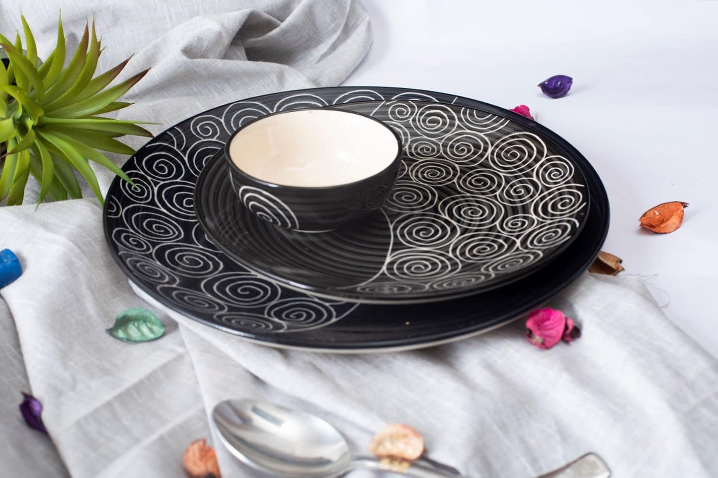 Caffeine Ceramic Handmade Black Doodle Combo Dinner set of 12 pcs