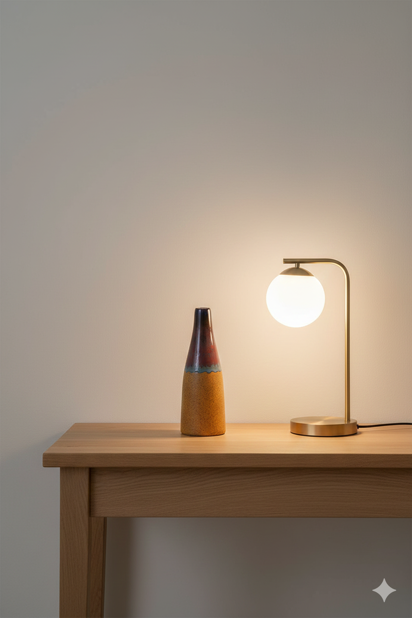 Table lamp and decorative bottle on a wooden table with a neutral background
