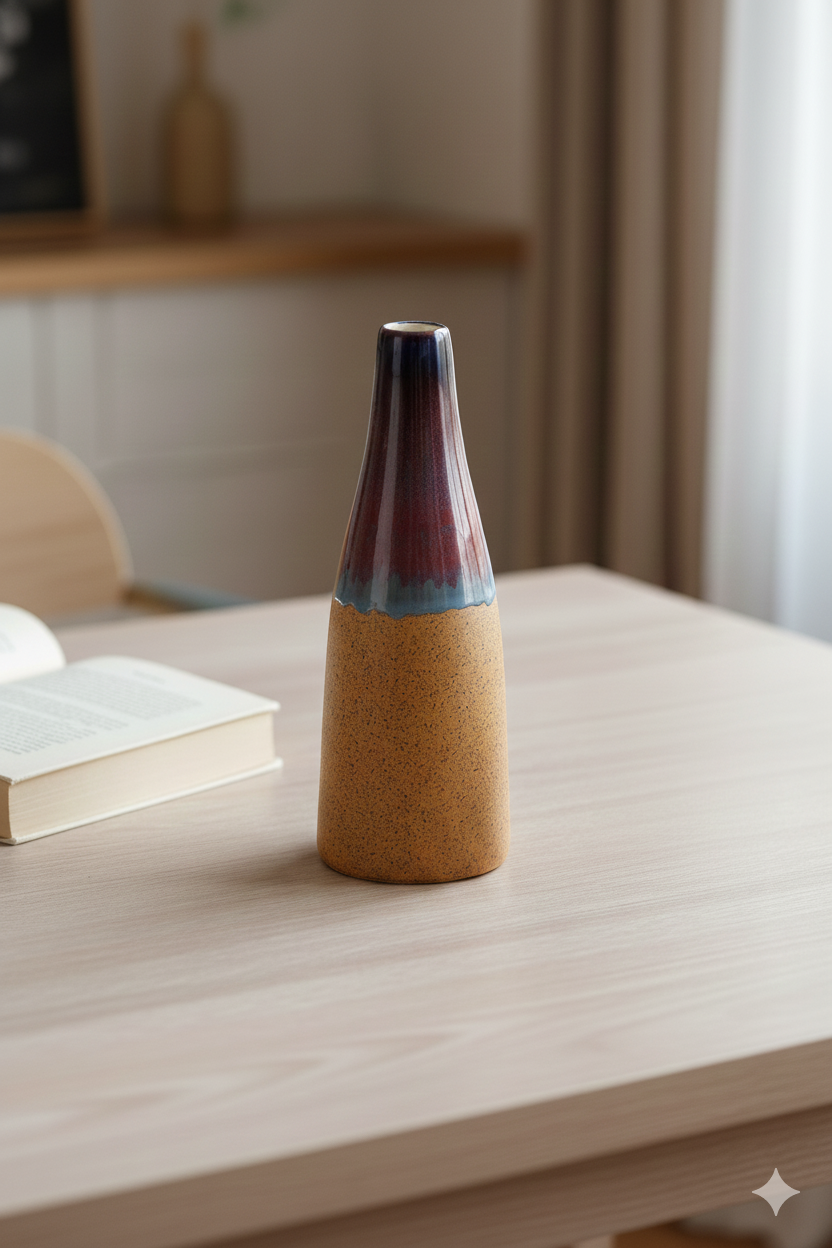 Tall, multi-colored vase on a wooden surface with a blurred indoor background