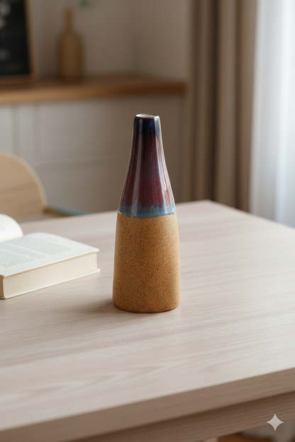 Tall, multi-colored vase on a wooden surface with a blurred indoor background