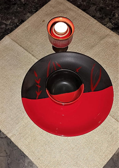 Caffeine Ceramic Handmade Red & Black Combo Dinner Set 2 pcs. (1 Dinner Plate,1 Katori Bowl)