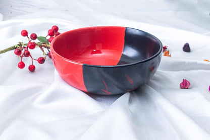 Caffeine Ceramic Handmade Red & Black Combo Dinner Set 9 pcs.(4 Dinner Plate, 4 Katori Bowl, 1 Serving Bowl)