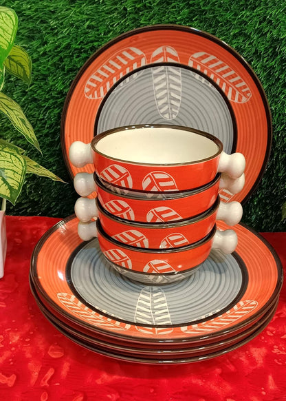 Caffeine Ceramic Handmade Orange & Grey leaf Combo Dinner Set (8 pcs.)
