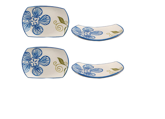 Caffeine Ceramic Handmade blue flora Snack plate (Set of 4)