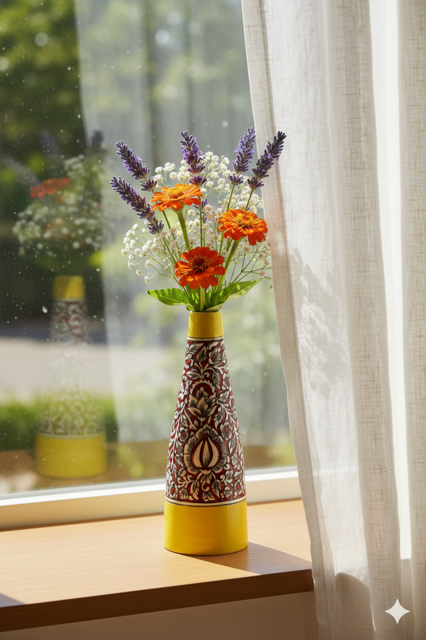 Decorative vase with flowers on a windowsill