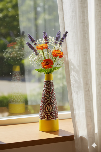 Decorative vase with flowers on a windowsill