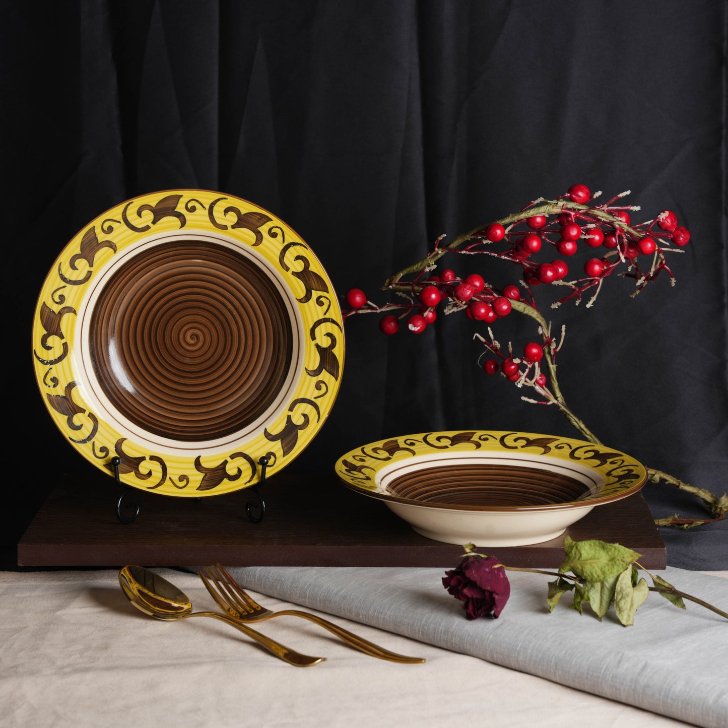 Caffeine Ceramic Handmade Stoneware Brown and Yellow 9 Inch Soup Plate/Pasta Plate/Maggie Plate/Macaroni Plate (Set of 4 Microwave & Dishwasher Safe) - Caffeine Premium Stoneware