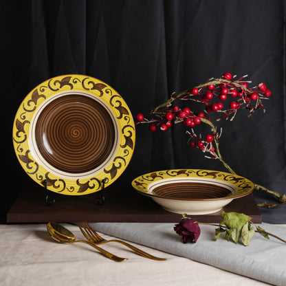 Caffeine Ceramic Handmade Stoneware Brown and Yellow 9 Inch Soup Plate/Pasta Plate/Maggie Plate/Macaroni Plate (Set of 4 Microwave & Dishwasher Safe) - Caffeine Premium Stoneware