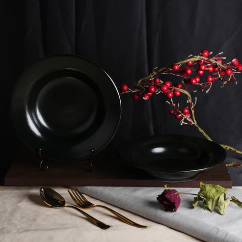 Caffeine Ceramic Handmade Stoneware Black Glossy 9" Soup Plate (Set of 6 Dishwasher & Microwave Safe)
