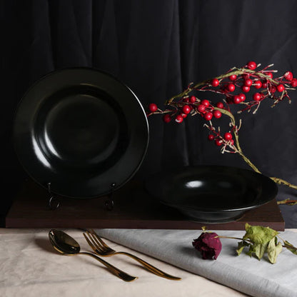 Caffeine Ceramic Handmade Stoneware Black Glossy 9" Soup Plate (Set of 6 Dishwasher & Microwave Safe)