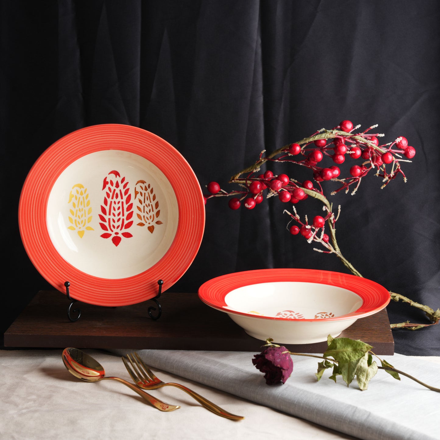 Caffeine Ceramic Handmade Stoneware Red Boota Soup Plate/Pasta Plate/Maggie Plate/Macaroni Plate 9 inch (Set of 4 Dishwasher & Microwave Safe) - Caffeine Premium Stoneware