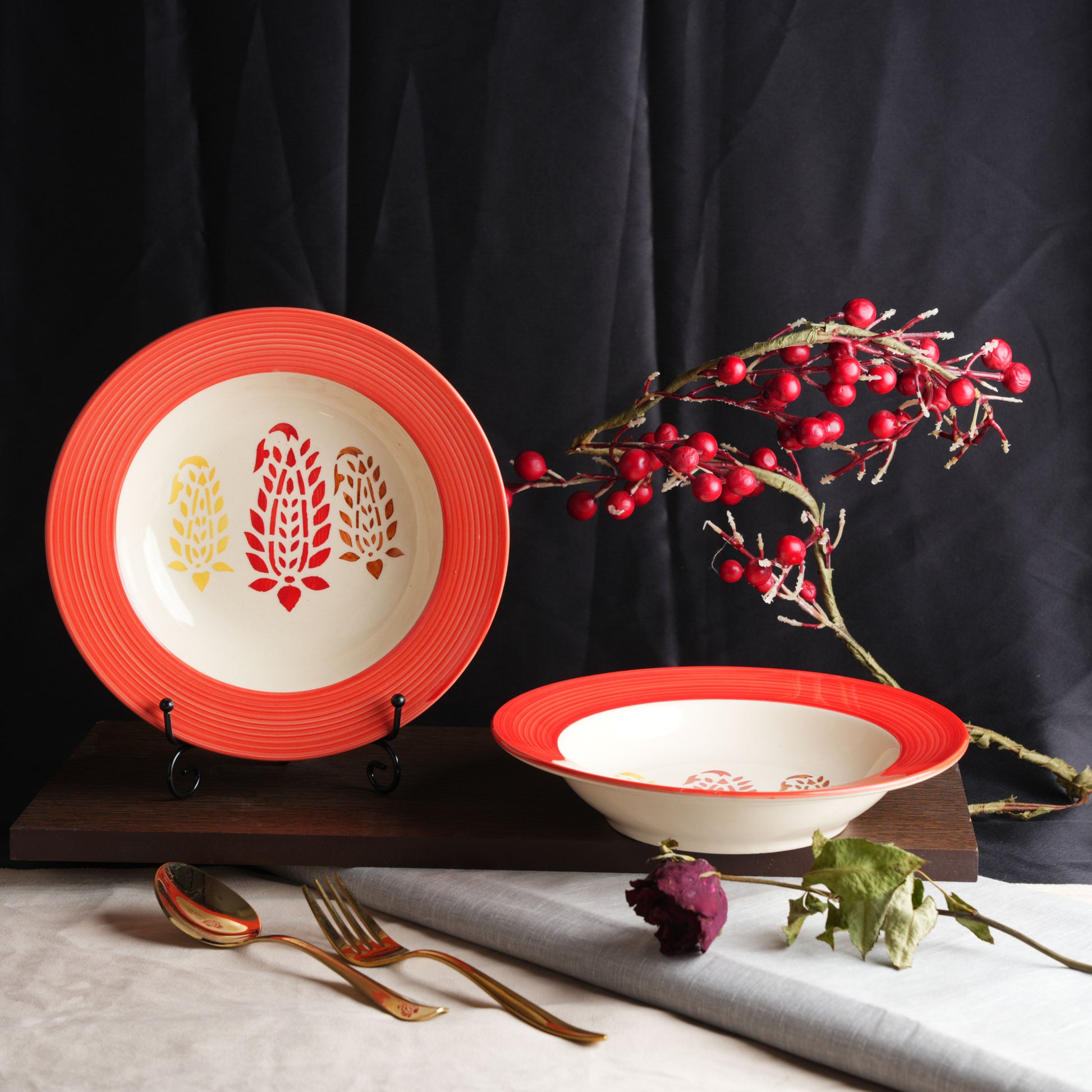 Caffeine Ceramic Handmade Stoneware Red Boota Soup Plate/Pasta Plate/Maggie Plate/Macaroni Plate 9 inch (Set of 4 Dishwasher & Microwave Safe) - Caffeine Premium Stoneware