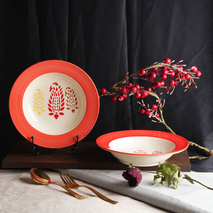 Caffeine Ceramic Handmade Stoneware Red Boota Soup Plate/Pasta Plate/Maggie Plate/Macaroni Plate 9 inch (Set of 4 Dishwasher & Microwave Safe) - Caffeine Premium Stoneware