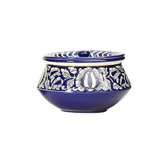 Caffeine Ceramic Handmade Blue Mughal Serving Handi with Lid (Set of 1) extra small