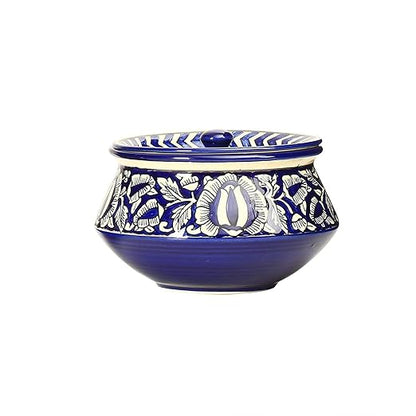 Caffeine Ceramic Handmade Blue Mughal Serving Handi with Lid (Set of 1) extra small