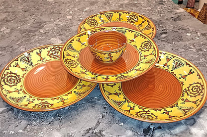 Caffeine Ceramic Handmade Mustard Brown Romani Combo Dinner Set (Set of 8)