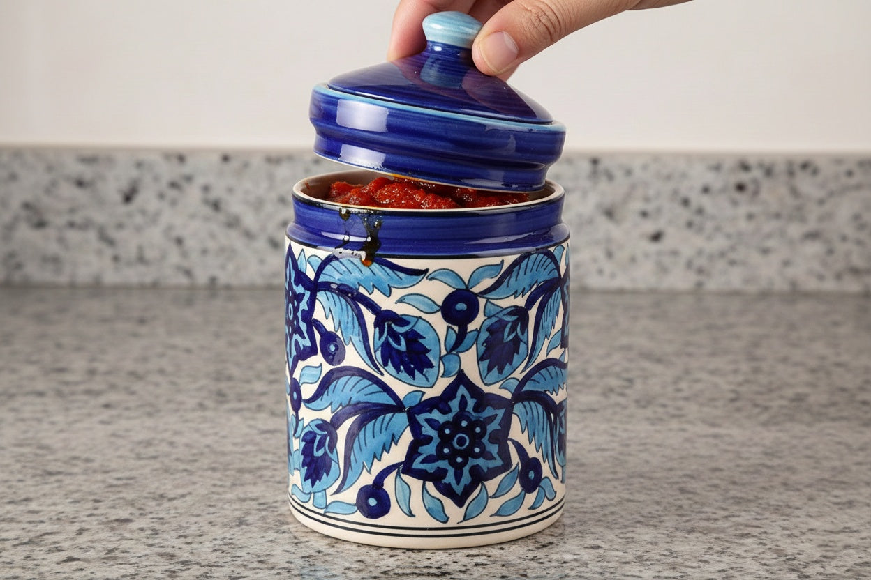 Caffeine Ceramic Stoneware Handmade Blue Leaf Print Barni/Pickle Jars (Set of 3)