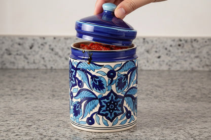 Caffeine Ceramic Stoneware Handmade Blue Leaf Print Barni/Pickle Jars (Set of 3)