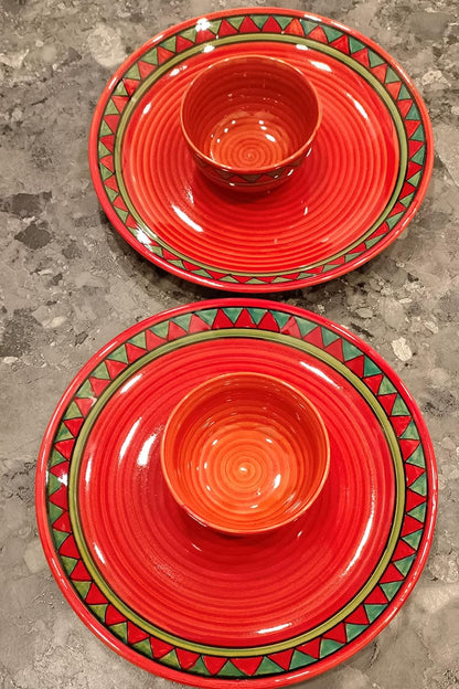 Caffeine Ceramic Handmade Red & Green Tribal Combo Dinner Set (4 pcs)