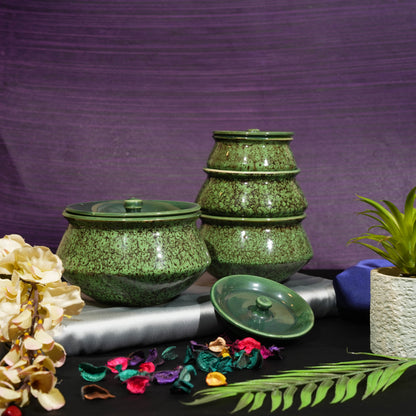 Caffeine Ceramic Handmade Green Crackle Serving Handi with Lid (Set of 4 ) - Caffeine Premium Stoneware
