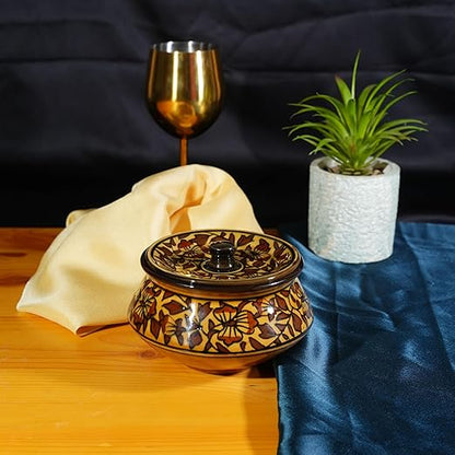 Caffeine Ceramic Handmade Brown Sehra Serving Handi with Lid (Set of 1) medium