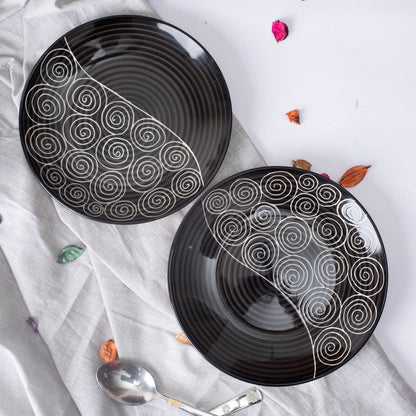 Caffeine Premium Ceramic Handmade Black Doodle Combo Dinner set of 13 pcs. (4 Dinner Plate, 4 Quarter Plate, 4 Katori Bowl, 1 Dip & Sauce)