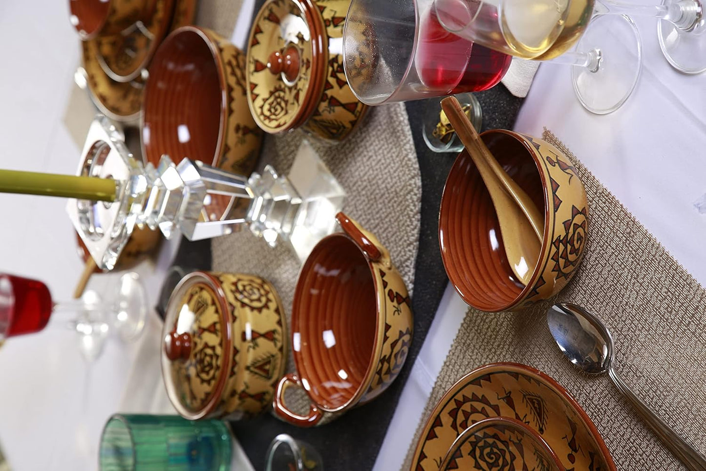 Caffeine Ceramic Handmade Mustard Romani Dinner Set (24 pcs.)