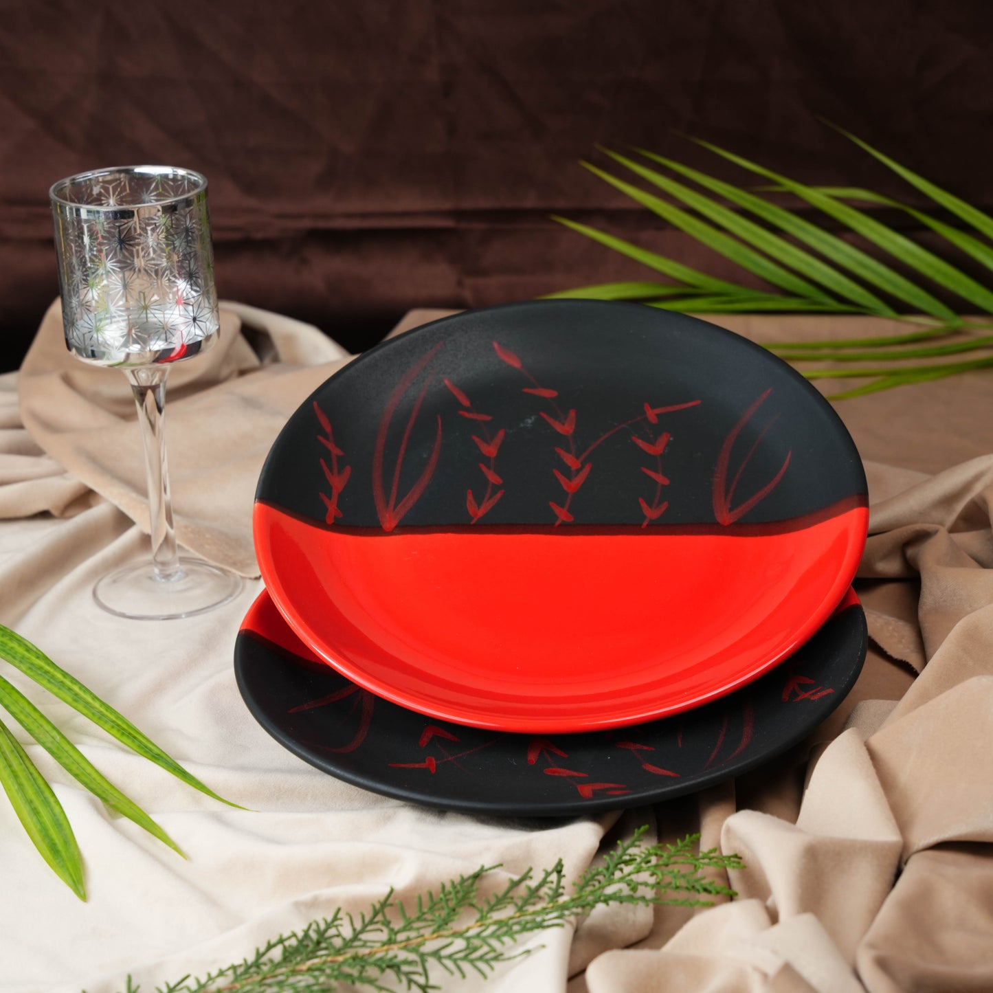 Caffeine Ceramic Handmade Stoneware Half Red & Black Bamboo quarter plate 7”(Set of 4 Dishwasher & Microwave Safe ) - Caffeine Premium Stoneware