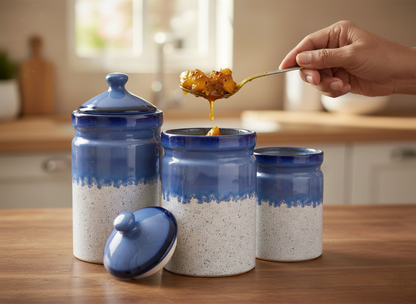 Caffeine Ceramic Stoneware Handmade White And Blue Barni/Pickle Jar (Set of 3)
