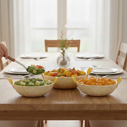 Caffeine Ceramic Handmade Marble White Matte & Yellow Serving Kadhai Set (Set of 3) Microwave Safe & Dishwasher Safe