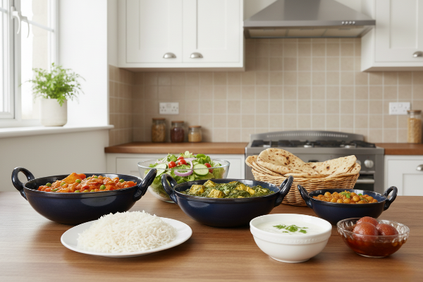 Caffeine Ceramic Handmade Stoneware Blue Metallic Serving Kadhai (Set of 3 Microwave & Dishwasher Safe)