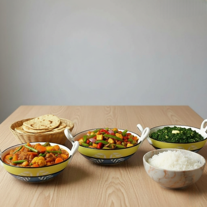 Caffeine Ceramic Handmade Stoneware Yellow & Grey Leaf Print Serving kadhai (Set of 3 Microwave & Dishwasher Safe)