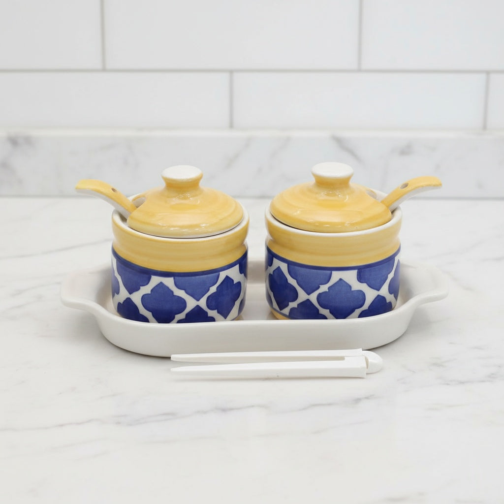 Caffeine Ceramic Handmade Blue & Yellow Umrao Pickle Jar Set (2 Jars, 2 Spoons &1 Tray) 200 ml each jar