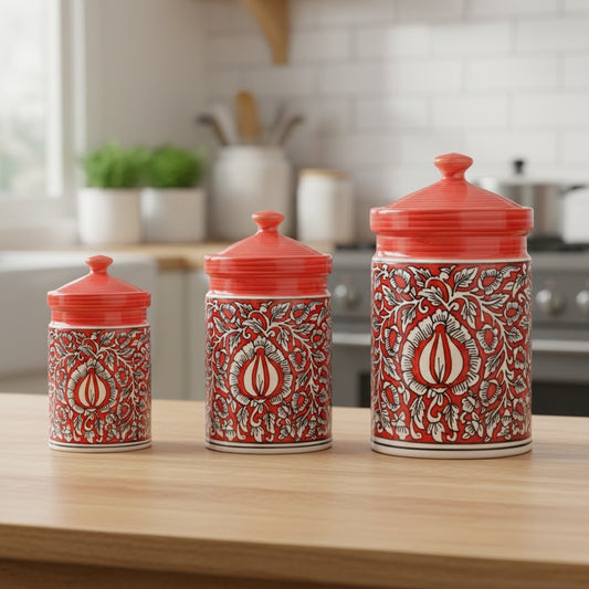 Caffeine Ceramic Stoneware Handmade Red Mughal Barni/Pickle Jar (Set of 3)