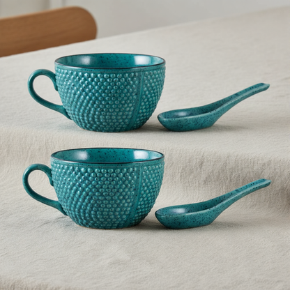Caffeine Ceramic Handmade Green Bubble Single Handled Soup Bowl with Spoon (Set of 2)