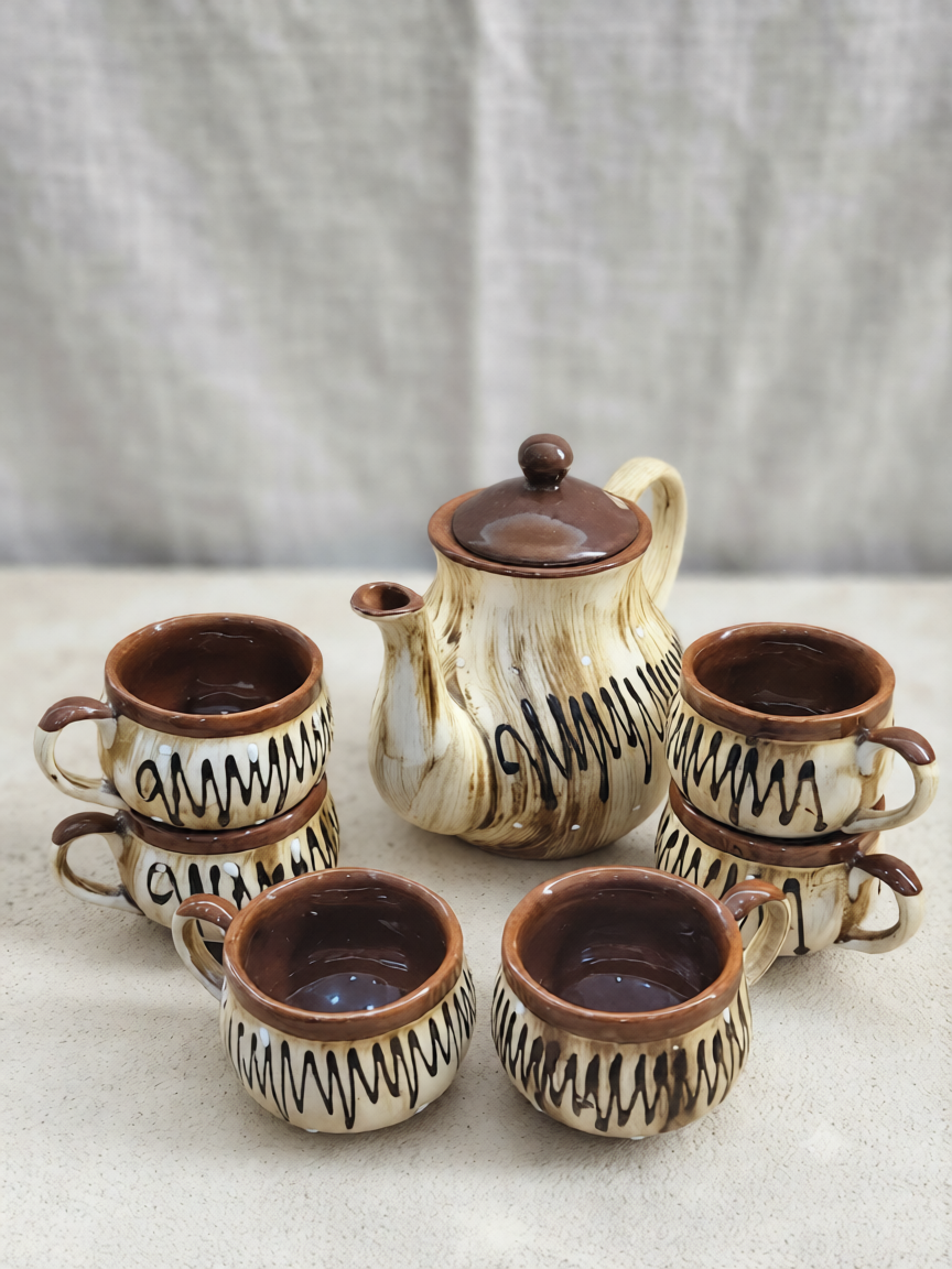 Caffeine Ceramic Handmade Rajesthani Bund Jalebi Tea Set – 7 Pcs (6 Cups + 1 Kettle)