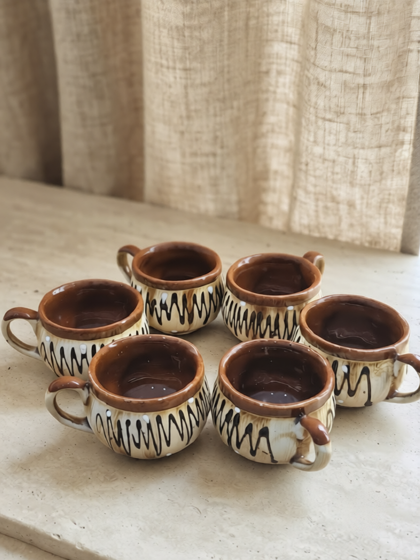 Caffeine Ceramic Handmade Rajesthani Bund Jalebi Tea Set – 7 Pcs (6 Cups + 1 Kettle)