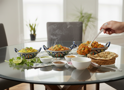 Caffeine Ceramic Handmade Stoneware Blue Jaipuri Serving kadhai (Set of 3 Microwave & Dishwasher Safe)