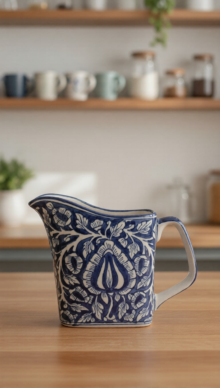 Caffeine Ceramic Handmade Stoneware Blue Mughal Milk and Water Jug (Set of 1, 700 ml)